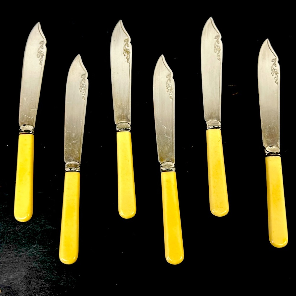 - - Vintage set of 6 chromium plated fish/dessert knives with celluloid ha…